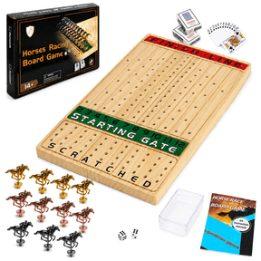 Wood Horse Race Board Game Set, 15.6" x 10", 2-11 Players, 11 Metal Horses, Dice & Cards