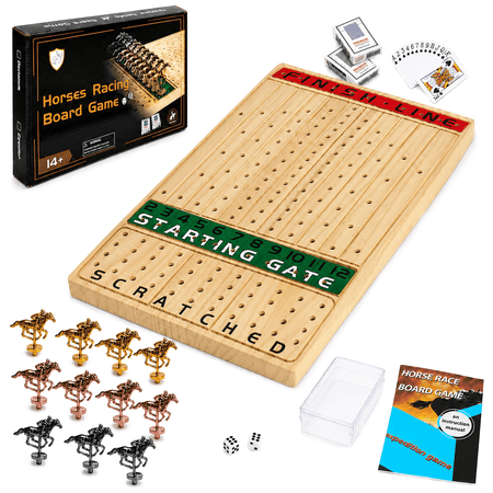 Wood Horse Race Board Game Set, 15.6" x 10", 2-11 Players, 11 Metal Horses, Dice & Cards