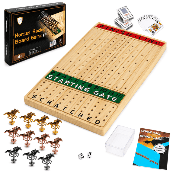 Wood Horse Race Board Game Set, 15.6" x 10", 2-11 Players, 11 Metal Horses, Dice & Cards