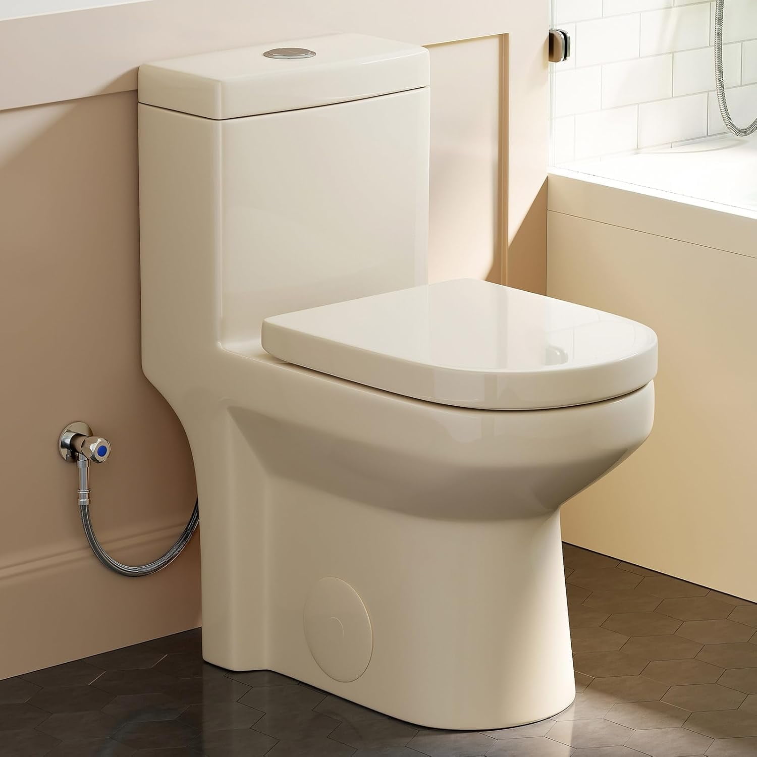 Compact Bisque One-Piece Dual Flush Toilet with Soft Close Seat