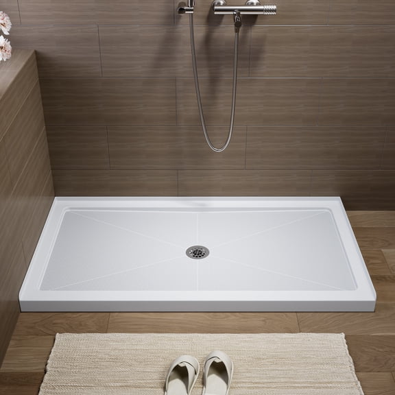 HOROW Shower Base 60" x 32", Rectangle Single Threshold Shower Pan for Bathroom, Non-Slip Texture, White Acrylic with Stainless Steel Chrome Drain, Center Drain Location