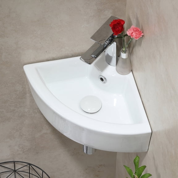 HOROW Sink Ceramic Bathroom Small Modern Wall Mount Corner White Porcelain Sink w/Overflow & Pop-Up Drain 18"x 12.6"