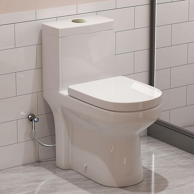 HOROW Small One Piece Toilets with Gold Flush Button,Dual Flush 1.28GPF