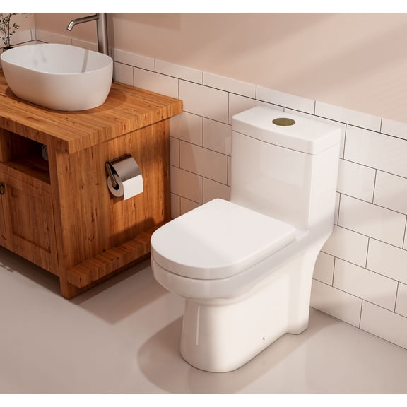 HOROW Toilets Small One Piece with Gold Flush ButtonDual Flush 1.28GPF Morden Bathroom Toilet w/ Seat High Short Compact Bathroom Tiny Mini Commode Water Closet 12'' Rough-in