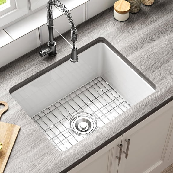 HOROW White Undermount/Topmount Kitchen Sink, 19"D x 24"W x 11"H Rectangular with Bottom Grid and Strainer Drain