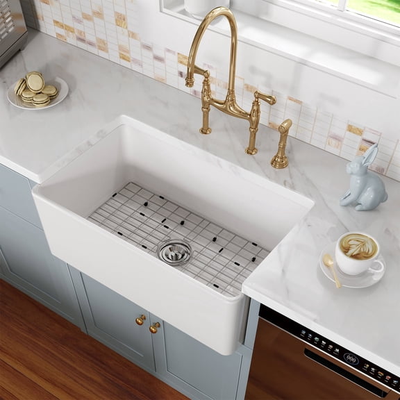 HOROW White Farmhouse Sink 30'' Fireclay Single Bowl Kitchen Sinks Deep Drop in Undermount Ceramic