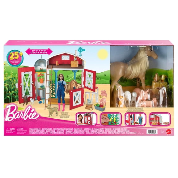 Barbie Horse Barn Playset with 25+ Feeding & Grooming Accessories Including 11 Animal Figures