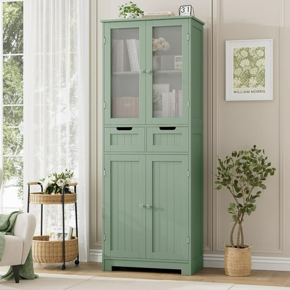 HORSTORS 67" Tall Bathroom Storage Cabinet, Freestanding Storage Cabinet with Glass Door and Shelves, Kitchen Pantry Linen Cabinet with 2 Drawers for Bathroom, Living Room, Dining Room, Green