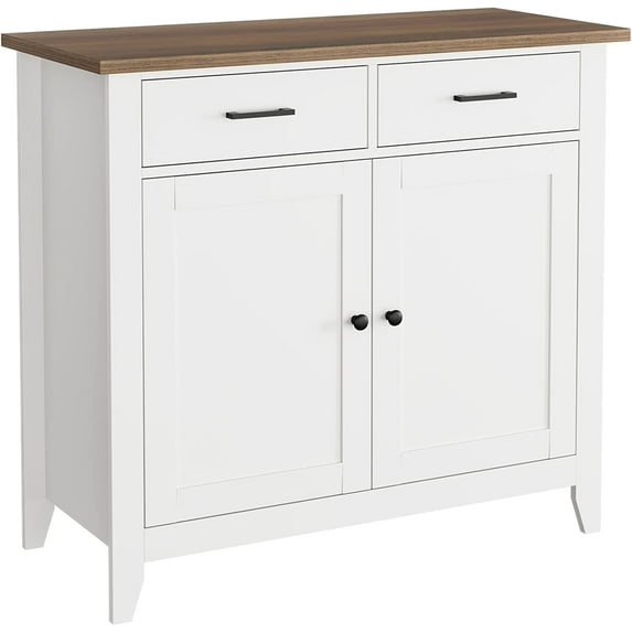 HORSTORS Kitchen Storage Cabinet, Modern Farmhouse Buffet Cabinet with Storage, Coffee Bar with 2 Drawers and 2 Doors, Floor Sideboard Buffet for Living Room, Dining Room, Bathroom, Ivory White