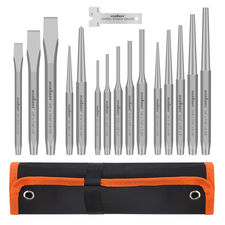 MichaelPro Punch and Chisel Set, 16-Piece Punch Set Tools with Center Punch, Pin Punch, Starter Punch, Chisel, Gauge and Tool Storage Pouch, Heavy