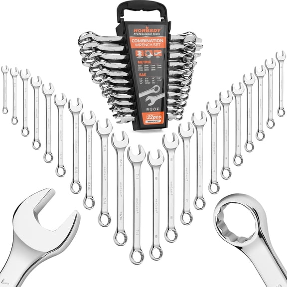 HORUSDY 22-Piece Wrench Set | Metric & SAE Combination Wrench Set with Organizer | 12 Point | Chrome Vanadium Steel