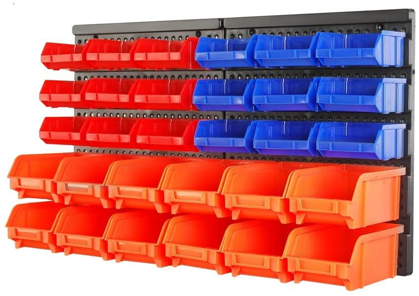 HORUSDY Wall Mounted Storage Bins Parts Rack 30PC Organizer Garage Plastic Shop Tool for Men's Gift, Blue,Orange,Red