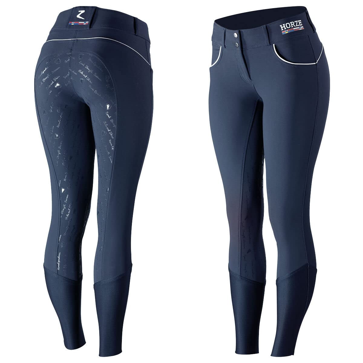 HORZE Nordic Performance Sporty Silicone Grip Full Seat Equestrian Horseback Riding Pants Breeches - Peacoat Dark Blue - US 24