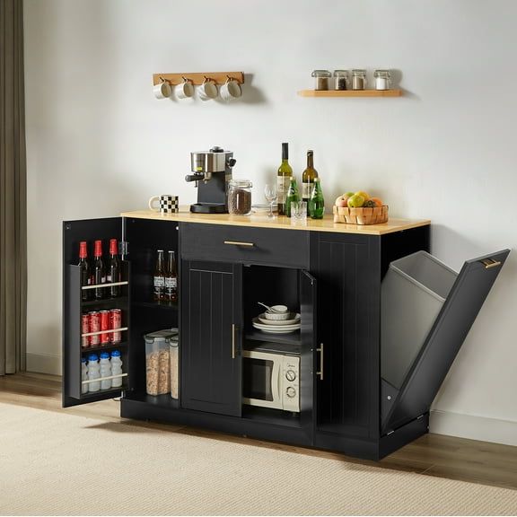 HOSAUNA 53 Inch Large Kitchen Island with Trash Can Storage, Islands Table with Drawer & Adjustable Shelves, Mobile Breakfast Bar Cabinet with Wheels for 13 Gallon Garbage Bin, Black & Oak