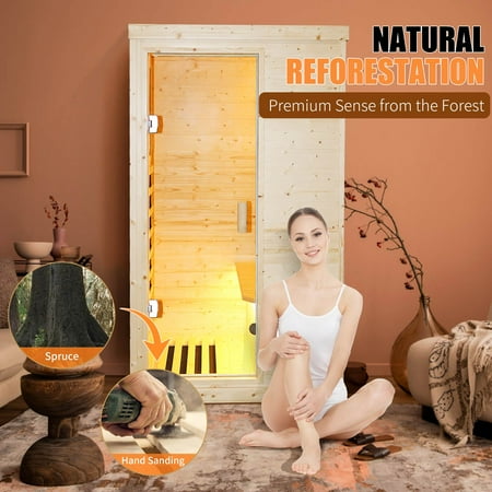 HOSAUNA Far Infrared Sauna Home Sauna Spa Room Low-EMF Spruce Wood 900W Indoor Saunas with Control Panel and Tempered Glass Door,Room:29.5 * 37.4 *67.3Inch