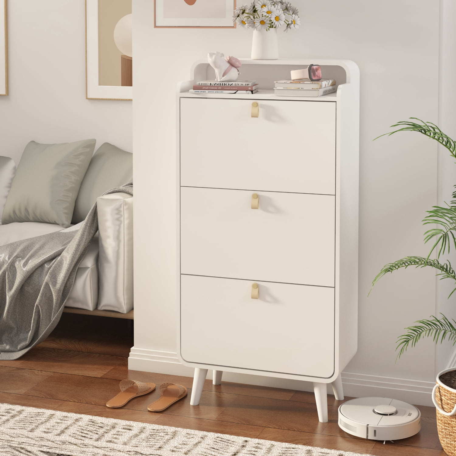 HOSAUNA Modern Arc Design Shoe Cabinet With 3 Drawers,Shoe Storage ...