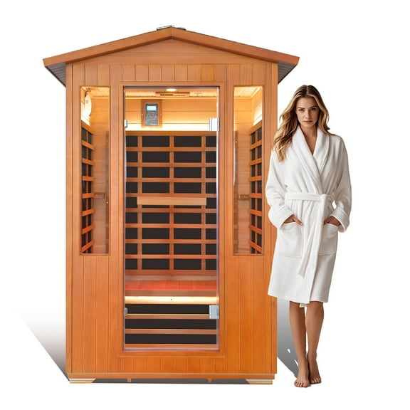 HOSAUNA Outdoor 2 Person Saunas Far Infrared Sauna with Reading Light, 2000W Red Cedar Low EMF Dry Sauna for Garden & Courtyard, Includes Oxygen Bar, Cup Holders & Bluetooth Speakers