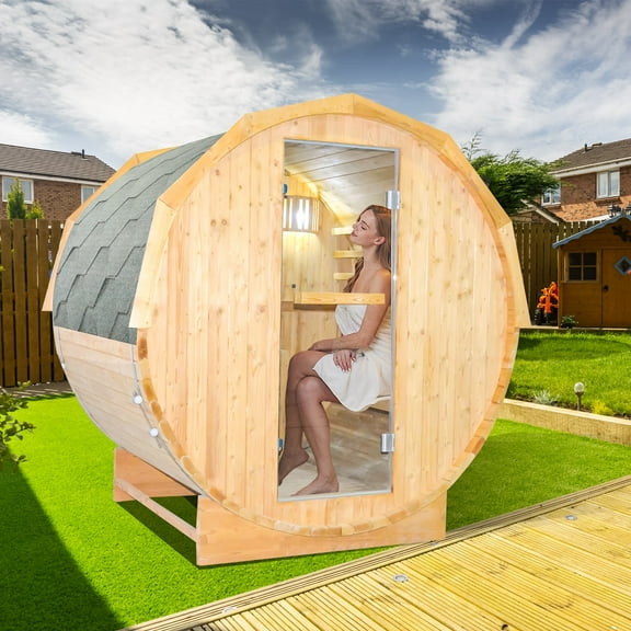 HOSAUNA Outdoor Barrel Sauna – 4500W Traditional Steam Sauna for 4-6 People with LED Explosion-Proof Light – Carbonized Spruce Wood Sauna Room for Garden, Patio, or Backyard