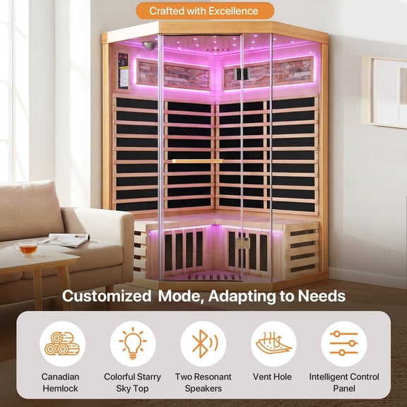 HOSAUNA Sauna for 2-3 Person, 1935W Far Infrared Home Sauna, Low EMF, Canadian Hemlock Wood Indoor Dry Sauna with 7 Color Starry Sky Light, 47.2x47.2x74.8 Inches