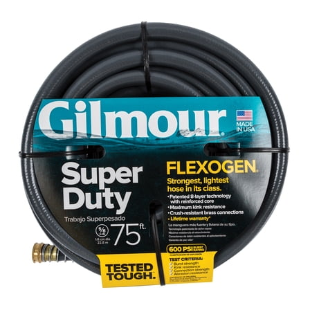 Gilmour Heavy-Duty Garden Hose, 5/8" x 75', 600 PSI, 8-Layer Construction, Kink-Resistant Design with Brass Couplings