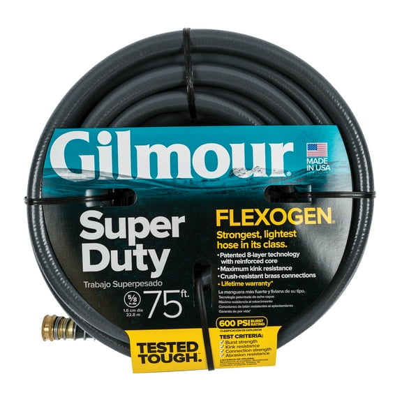 Gilmour Heavy-Duty Garden Hose, 5/8" x 75', 600 PSI, 8-Layer Construction, Kink-Resistant Design with Brass Couplings