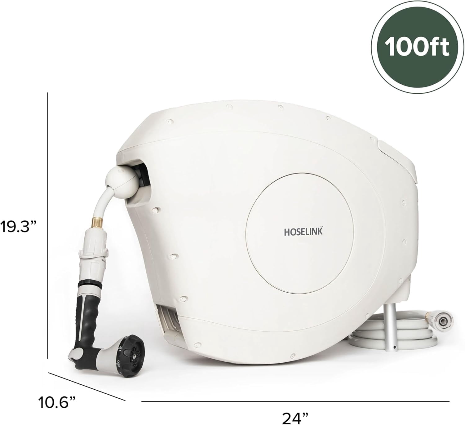 HOSELINK Classic 100ft Retractable Garden Hose Reel, Wall Mounted Automatic Rewind, 1/2" Kink-Free UV Resistant Hose, Beige