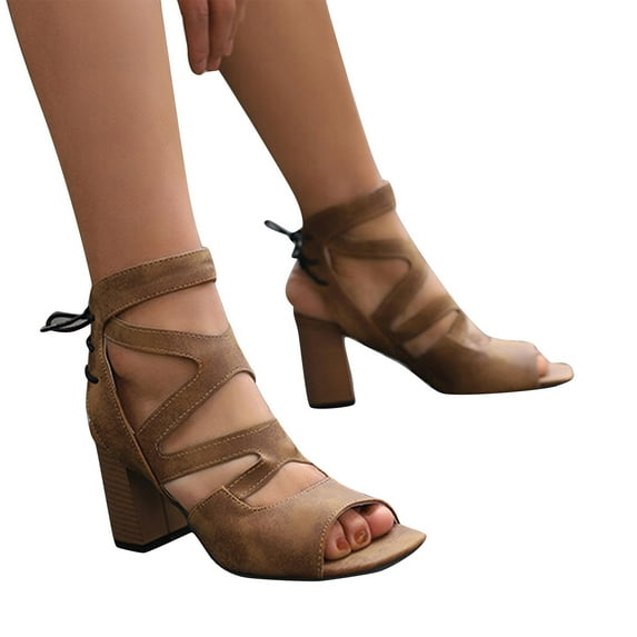 HOSHOSE Women's Wide Width Mid Heel Sandals Fish Mouth Breathable Hollow PU Booties Summer Dress Shoes