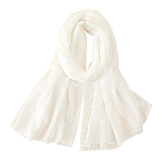 HOSIA Embroidered Cotton Linen Shawl for Women Neck Scarves for Women Lightweight Bohemian Gauze Crinkle Long Beach Shawl Wrap Scarfs Fashion Embroidered Plain Cotton Linen Long Scarf White