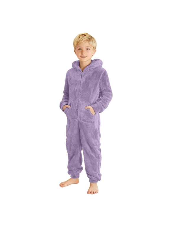 Girls Boys One Piece Flannel Zip Up Hooded Onesie Jumpsuits Fleece Fuzzy Warm Hooded Romper Kids Fuzzy Cute Hooded Jumpsuits Toddler Unisex Winter Warm Playsuit Casual Outfits Light Violet 5Y