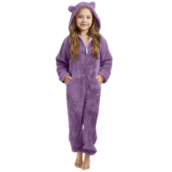 HOSIA Girls Fleece Zip Up Jumpsuits Kids Fuzzy Onesie Hooded Rompers Warm Sherpa Pajama Jumpsuits Zip Up Winter Thick Plush Sleep Nightwear Rompers Cute Winter Warm Clothes with Pockets Purple 140