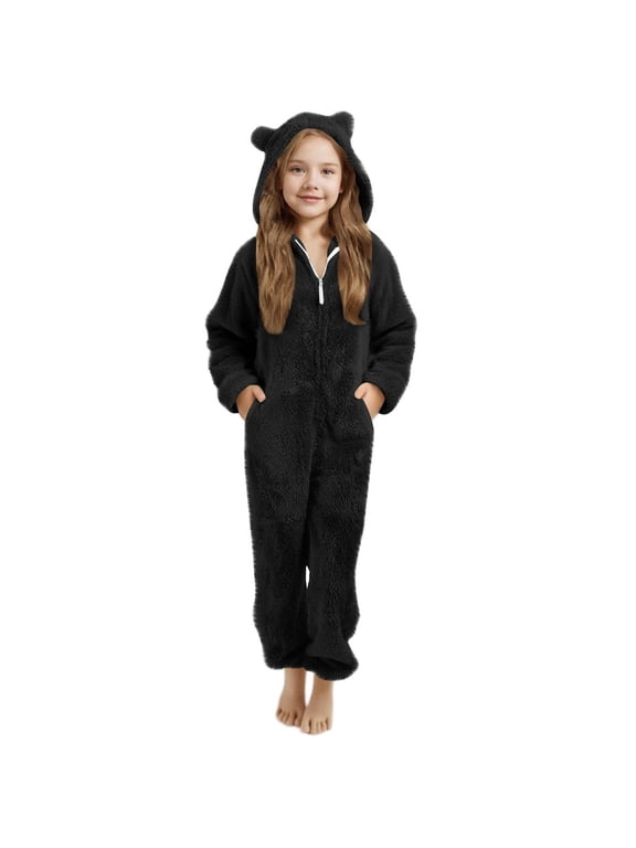 Girls Fleece Zip Up Jumpsuits Kids Fuzzy Onesie Hooded Rompers Warm Sherpa Pajama Jumpsuits Zip Up Winter Thick Plush Sleep Nightwear Rompers Cute Winter Warm Clothes with Pockets Black 160