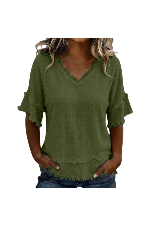 Loose Fit Frayed Fringe Layered Hem Tunic Tops Boho Linen Blouse Trendy Frayed Trim Ruffle Linen Top Ruffle Short Sleeve Linen Top Summer Frayed Fringe T Shirts Casual Linen Top Army Green S