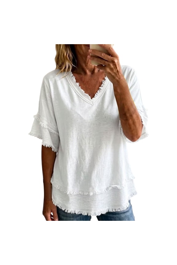 Loose Fit Frayed Fringe Layered Hem Tunic Tops Ruffle Sleeve Linen Top Frayed Trim V Neck Linen Shirt Beach Lightweight Frayed Linen Tunic Relaxed Fit Frayed Linen Blouse White S