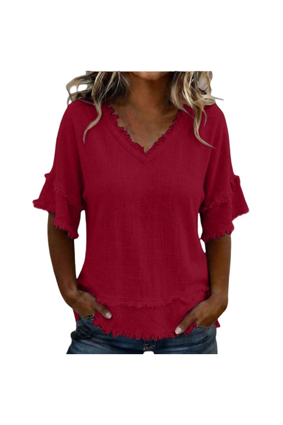 Loose Fit Frayed Fringe Layered Hem Tunic Tops Short Sleeve Layered Hem Tunic Tops Breathable Lightweight Linen Blouse Double Ruffle Sleeve Linen Blouse Double Layer Flare Tops Wine L