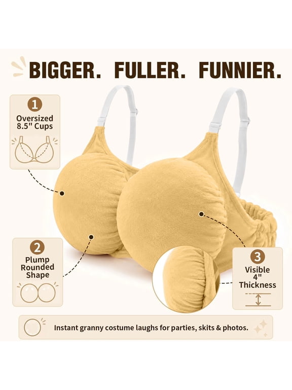 Oversized Fake Bust Bra for Granny Costume, 8.5 Inch Plump Rounded Fake Chest Accessory, Funny Halloween Cosplay Prop for Adult Party Skits Photos Yellow One Size