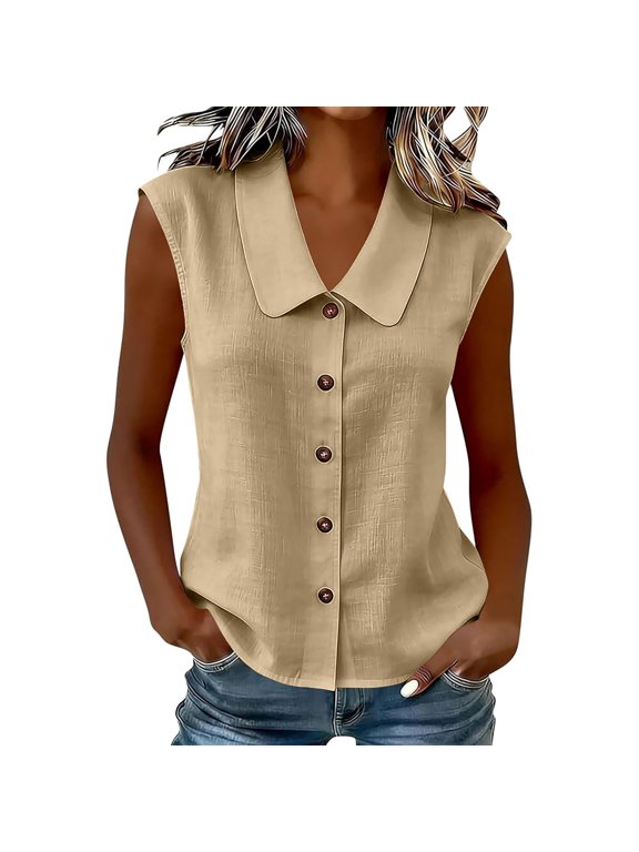 Peter Pan Collar Sleeveless Button Down Vest Shirts Summer Cute Casual Slim Fit Linen Blouses Lightweight Gauze Tank Shirts Trendy Dressy Casual Beach Vacation Boho Camisole Tops Khaki M
