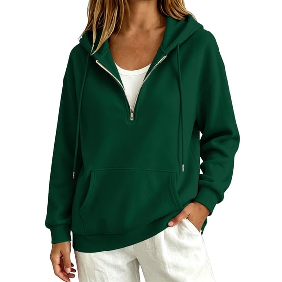 HOSIA Quarter Zip Hoodie for Women Cute Fashion Outfits Loose Casual Trendy Hooded Sweatshirts Loose Tunic Sweatshirt Relaxed Fit Oversized Plain Fashion Track Jacket with Pockets Blackish Green S