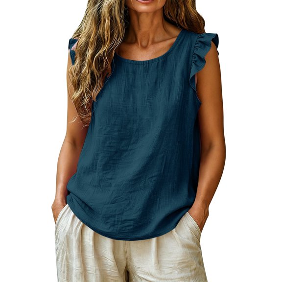 HOSIA Ruffle Sleeveless Cotton Linen Gauze Cami Shirts Beach Vacation Cami Shirts Boho Ruffle Crewneck Loose Linen Tops Boho Lightweight Ruffle Casual Blouses Boho Beach Camisole Tops Dark Blue 4Xl