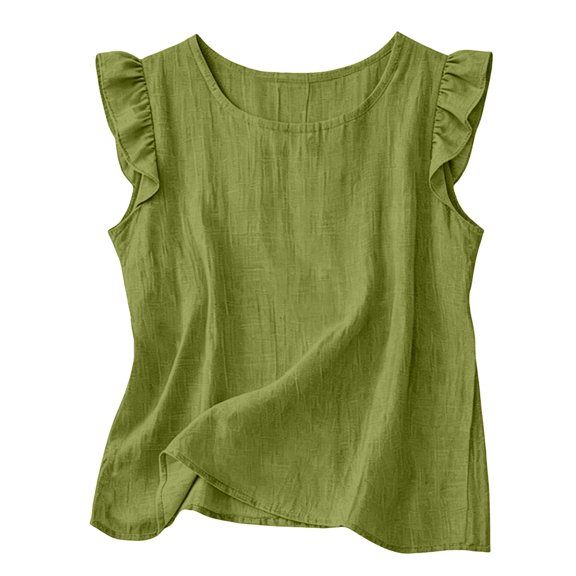 HOSIA Ruffle Sleeveless Cotton Linen Gauze Cami Shirts Flowy Plus Size Sleeveless Ruffle Tank Blouses Loose Boho Ruffle Lightweight Blouses Gauze Comfy Ruffle Sleeve Cami Shirts Light Green Xl