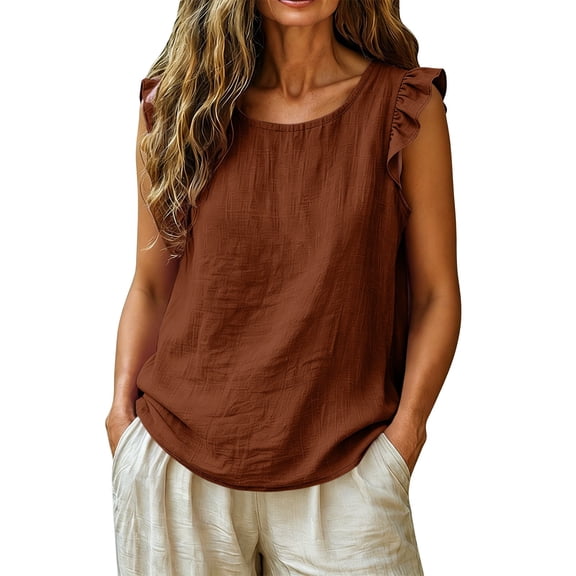 HOSIA Ruffle Sleeveless Linen Tank Top Breathable Crewneck Loose Flowy Casual Cami Shirts Cute Basic Ruffle Sleeveless Linen Shirts Lightweight Gauze Summer Beach Travel Casual Outfits Coffee Xl