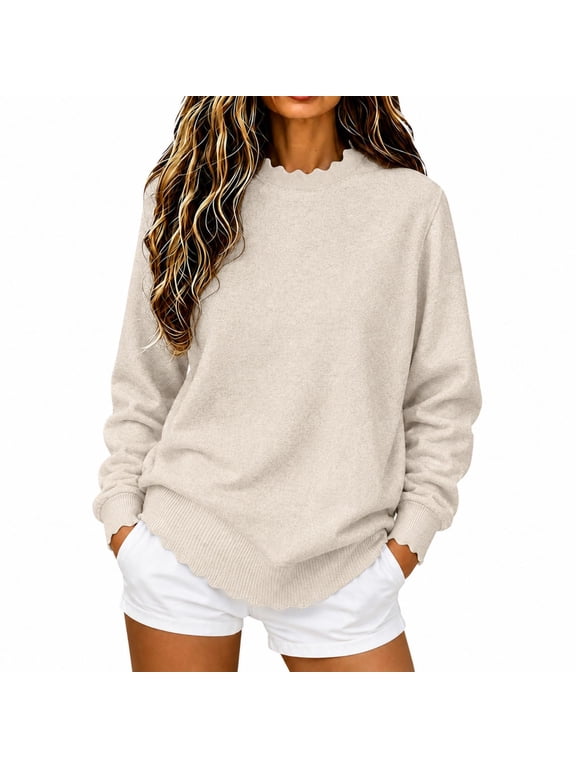 Scalloped Sweaters for Women Loose Long Sleeve Crewneck Pullover Sweater Lightweight Soft Scalloped Hem Edge Pullover Tops Cute Cozy Business Casual Tshirts Fall Fashion Trends Women Beige S