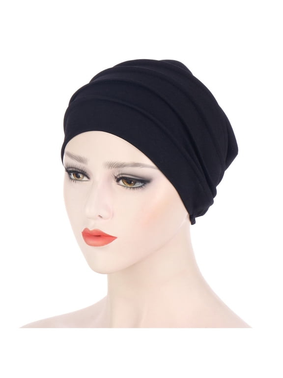 Slouchy Snood Turban Headwraps for Women Solid Color Muslim Caps Pleated Caps Chemo Headwear for Women Slouchy Beanies Hats Soft Cotton Cancer Headwear Sleeping Cap Hair Head Coverings Black