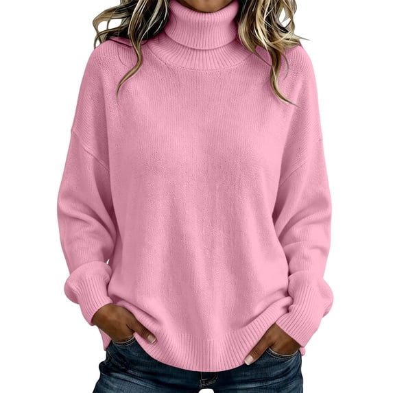 HOSIA Turtleneck Long Sleeve Cable Knit Sweaters for Women Ribbed Knitted Chunky Pullover Tops Comfy Casual Soft Baggy Loose Fit Trendy Jumper Top Business Dressy Casual Teacher Outfits Pink Xl