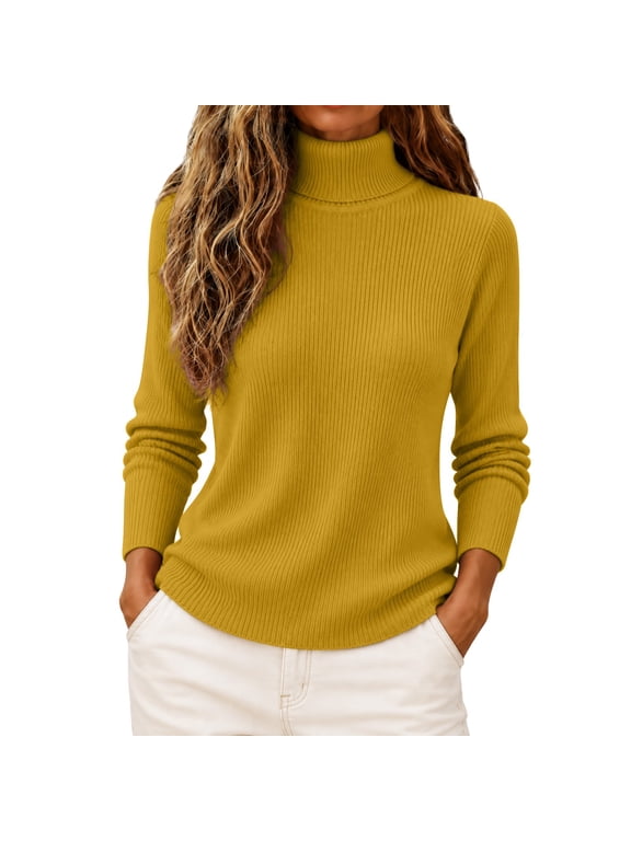 Turtleneck Ribbed Knit Sweaters for Women Loose Slim Fit Stretchy Basic Pullover Soft Tunic Sweaters Athletic Lounge Womens Fall Outfits Lightweight Pullover Sweaters Comfy Yellow Xl