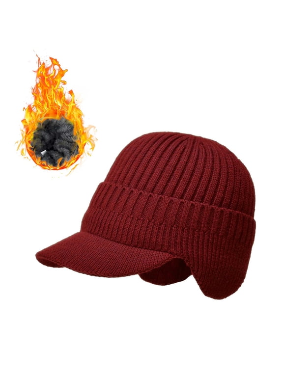 Winter Beanie Hat with Brim and Ear Flaps Blocking Knitted Hats Trapper Hat Ski Snow Cap Soft Warm Knit Beanie Hats with Visor & Ear Flaps Cuff Cap Coldshield Trapper Beanie