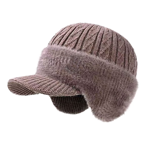 HOSIA Winter Beanie Hat with Brim and Ear Flaps Cozy Ear Flap Knit Beanie Hats with Visor & Ear Flaps Cold Weather Gifts for Golf Hiking Baseball Cap Soft Warm Thermal Hat Trapper Hat Khaki