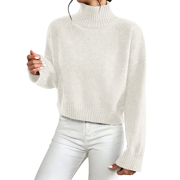 HOSIA Women Cropped Turtleneck Knit Sweater Oversized Long Sleeve Turtleneck Knitted Pullover Jumper Loose Soft Cozy Casual Crop Pullover Sweater Fall Winter Business Casual Teacher Outfits White Xl