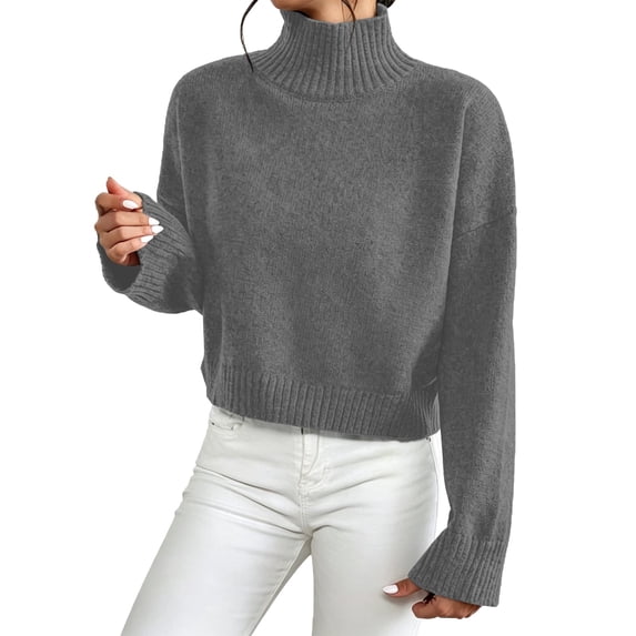 HOSIA Women Cropped Turtleneck Knit Sweater Oversized Long Sleeve Turtleneck Knitted Pullover Jumper Loose Soft Cozy Casual Crop Pullover Sweater Fall Winter Business Casual Teacher Outfits Grey S