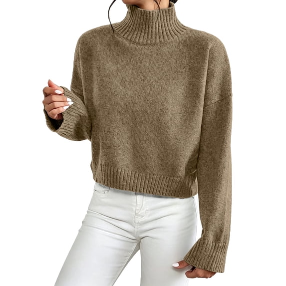 HOSIA Women Cropped Turtleneck Knit Sweater Oversized Long Sleeve Turtleneck Knitted Pullover Jumper Loose Soft Cozy Casual Crop Pullover Sweater Fall Winter Business Casual Teacher Outfits Khaki L