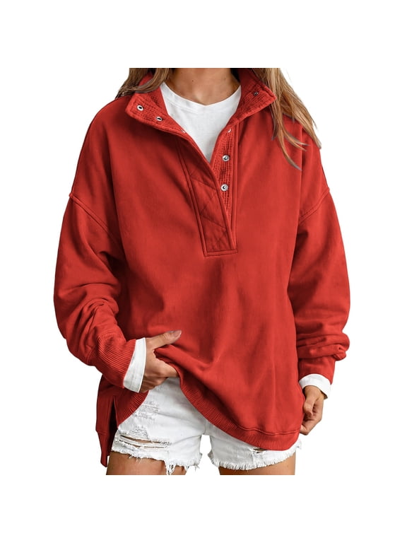Women Oversized Mock Neck Henley Sweatshirt with Snap Button Fall Fashion Must Haves Yoga Long Sleeve Sweatshirt Office Casual Casual Soft Fleece Pullover Tops with Pockets Red S